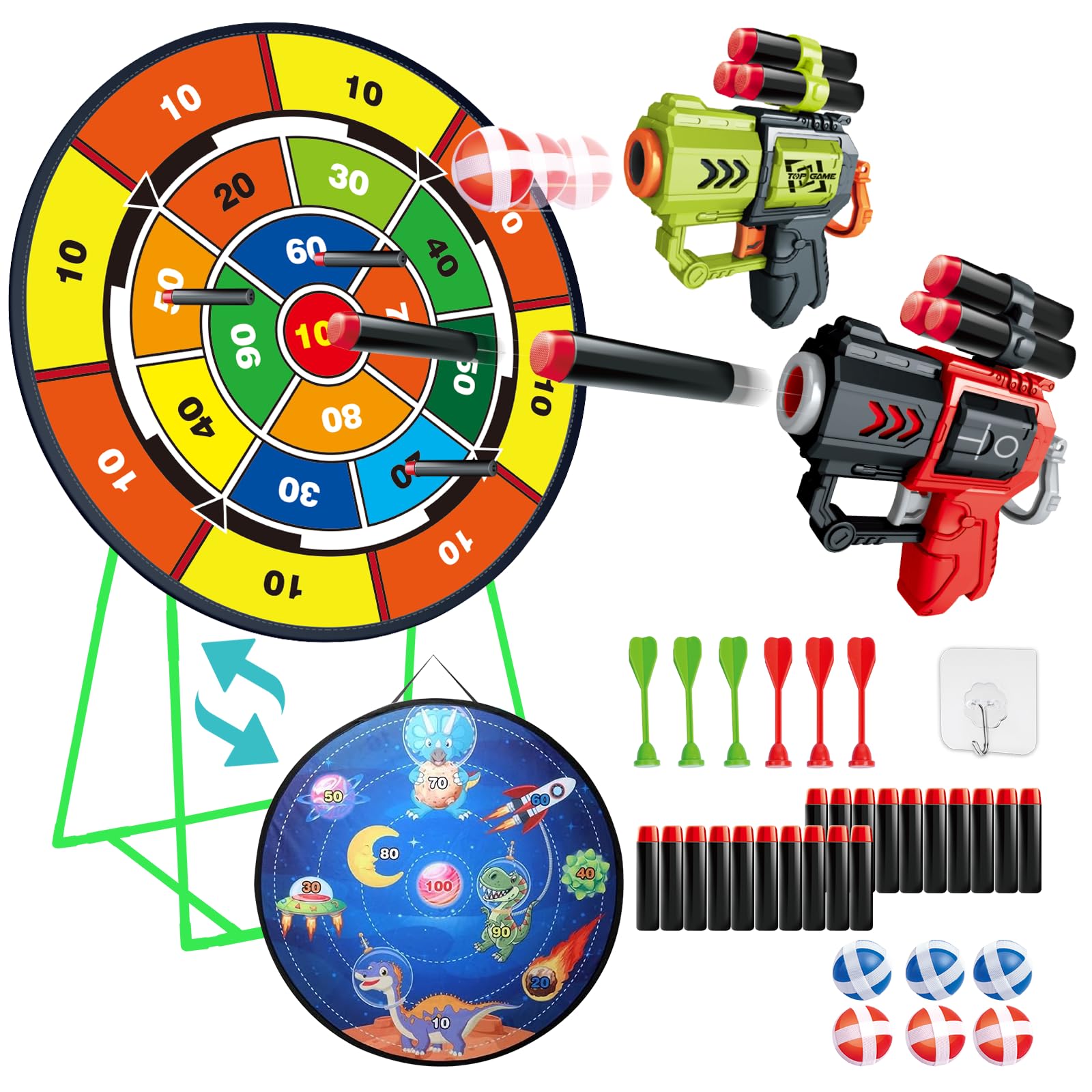 NAFONRU double-sided dart board garden game for kids, 29-inch standing and hanging dartboard with toy guns for indoor and outdoor fun