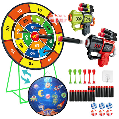 NAFONRU double-sided dart board garden game for kids, 29-inch standing and hanging dartboard with toy guns for indoor and outdoor fun