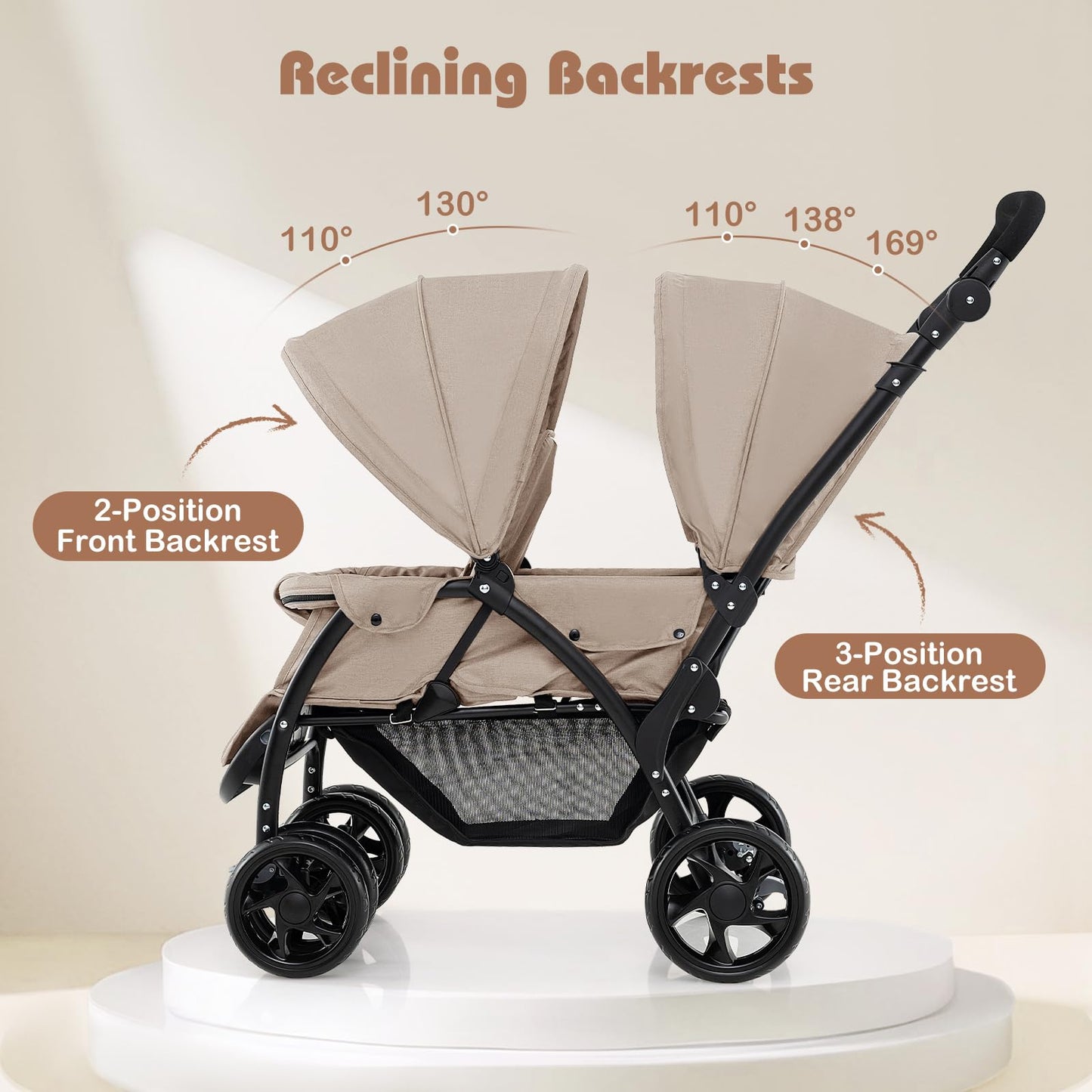 Foldable Twin Stroller, Double Baby Pushchair w/Multi-Level Backrest, Canopy, Handle & Footrest, Safety Belt & Brake System, Travel Tandem Seating Stroller w/Lockable Wheels (Khaki)