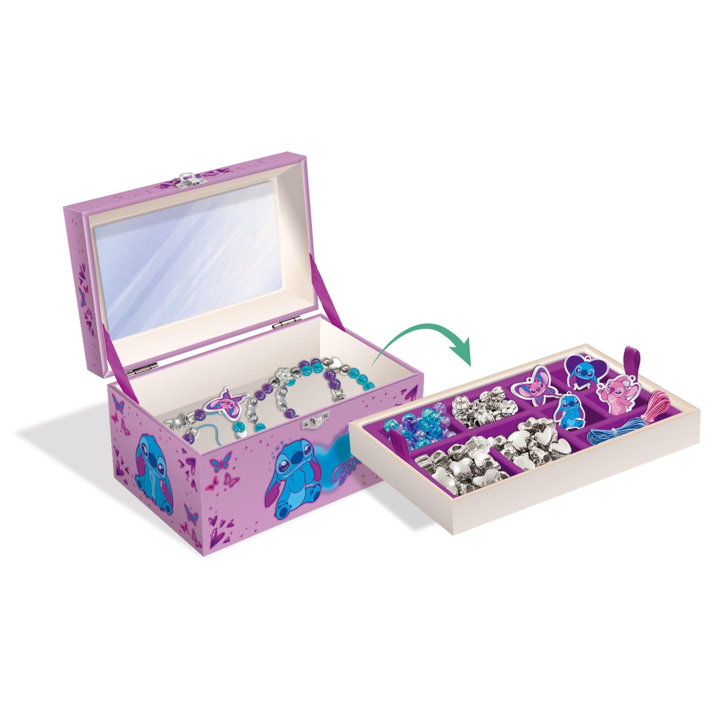 Lisciani - DISNEY STITCH - Friendship Jewellery Creation Kit with Jewellery Box - For children aged 7 and over - Stitch Necklaces and Bracelets Creation - With Pearls, Charms, Threads & Accessories