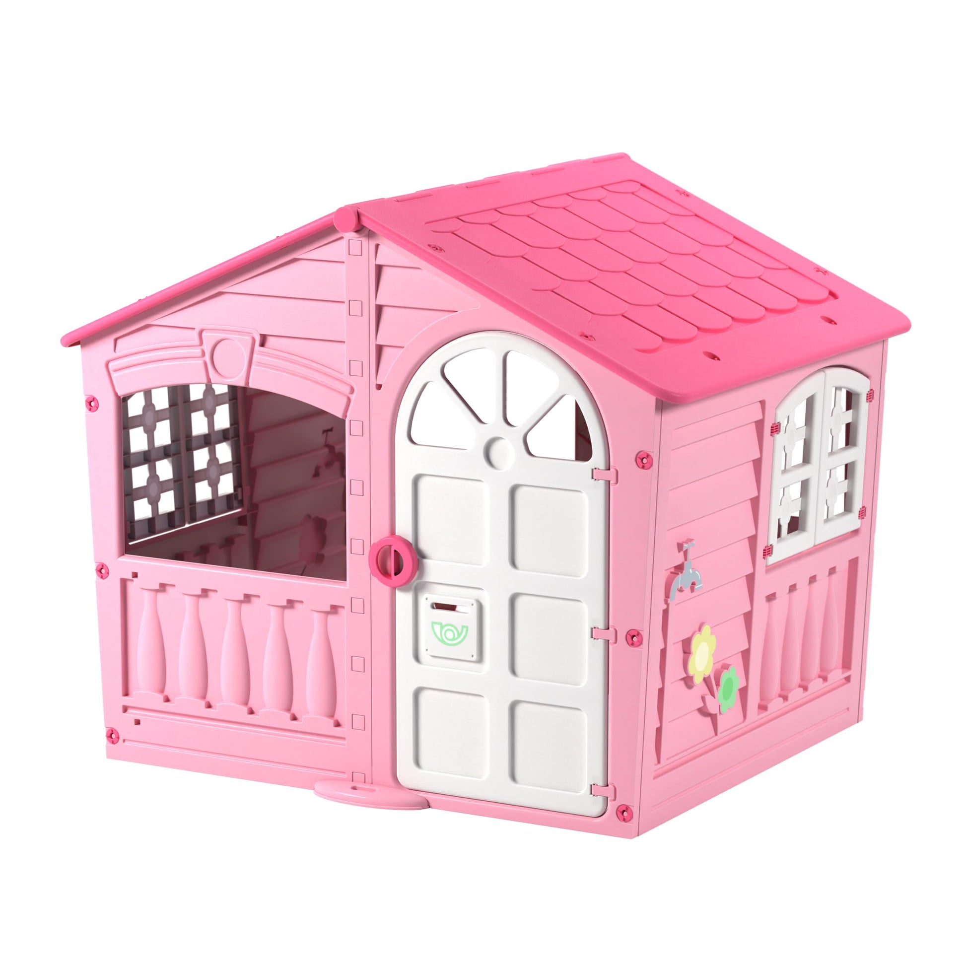 Pink and white Palplay plastic playhouse for kids, indoor and outdoor use, UV resistant, suitable for ages 2+ with imaginative fun.