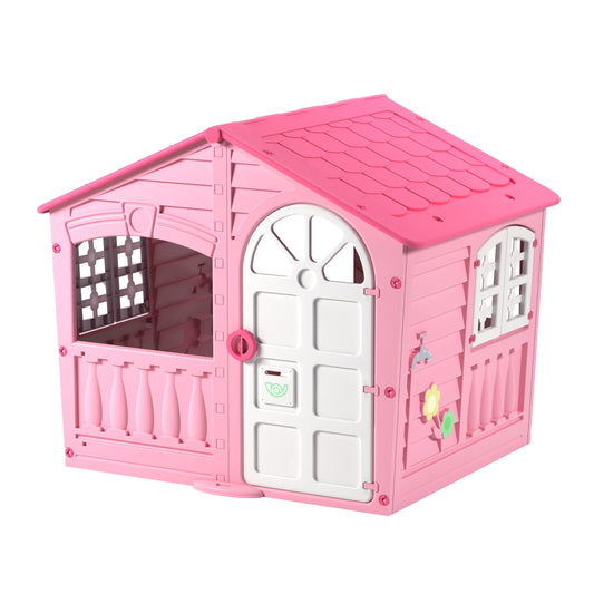 Pink and white Palplay plastic playhouse for kids, indoor and outdoor use, UV resistant, suitable for ages 2+ with imaginative fun.