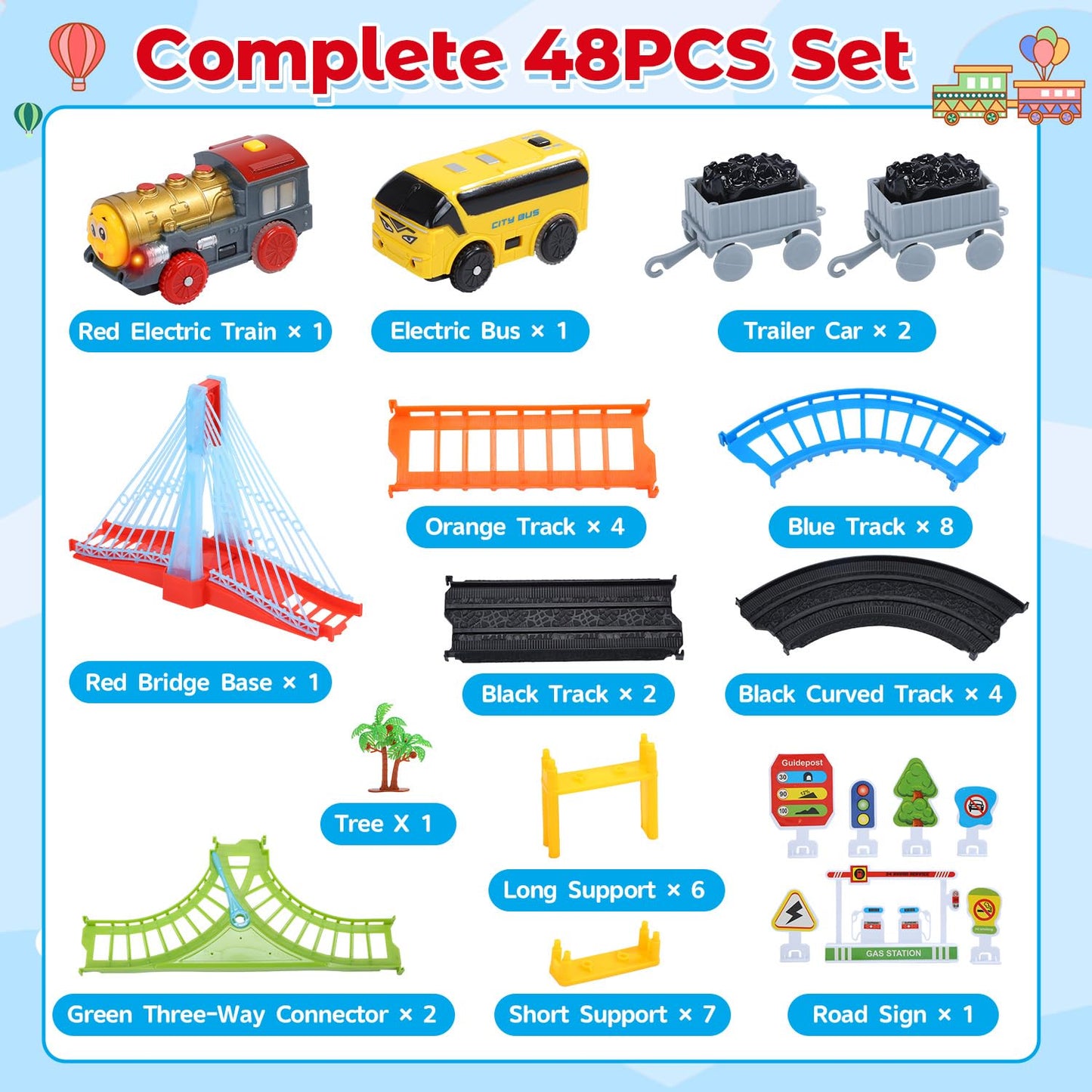 EagleStone electric train and bus set for kids with double layer tracks, illuminated bridge, signs, and accessories for imaginative play.