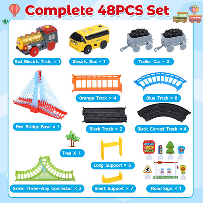 EagleStone electric train and bus set for kids with double layer tracks, illuminated bridge, signs, and accessories for imaginative play.