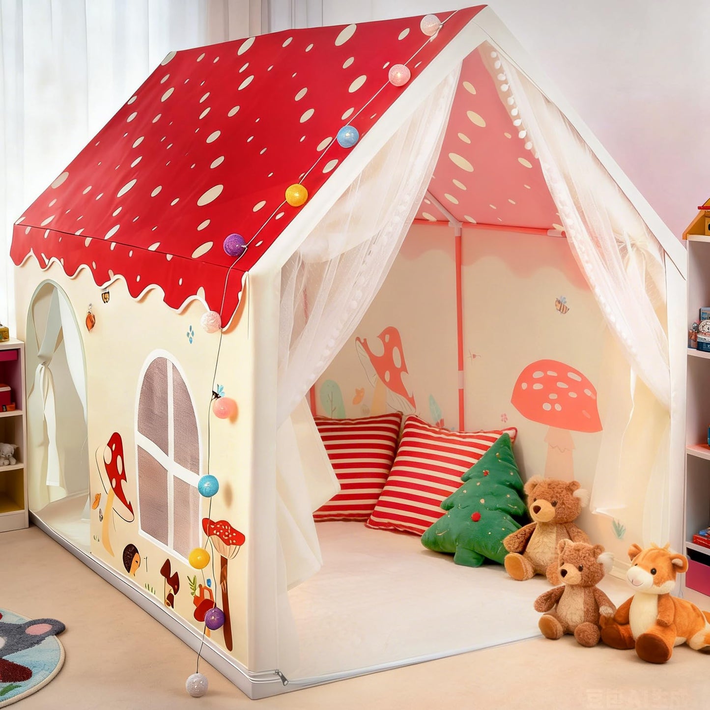 eSynic large kids indoor playhouse tent with lights, windows, portable design, non-slip mat, suitable for boys and girls ages 3-12.