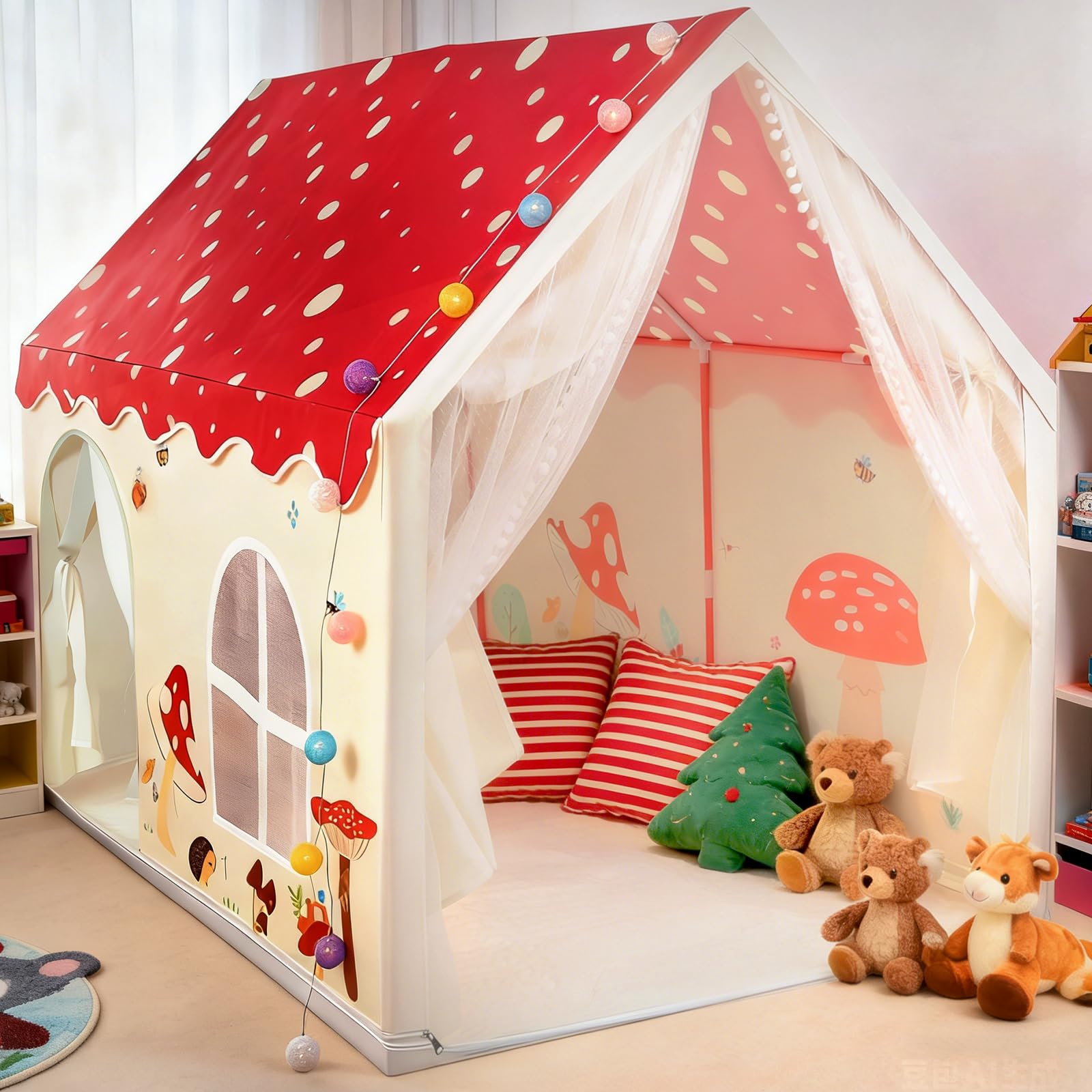 eSynic large kids indoor playhouse tent with lights, windows, portable design, non-slip mat, suitable for boys and girls ages 3-12.