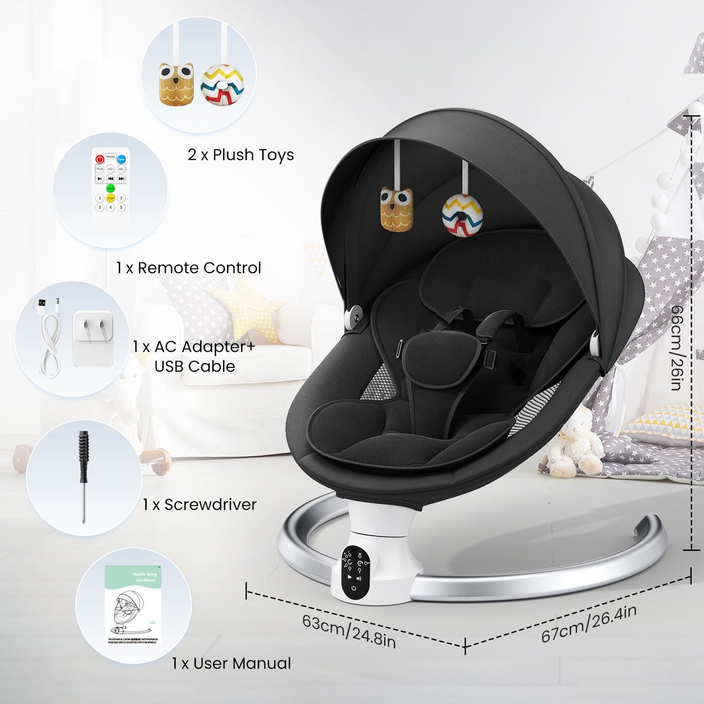Black Ixdregan electric baby bouncer chair with remote control, Bluetooth, 5 swing speeds, 3 timer options, and soft padded seat