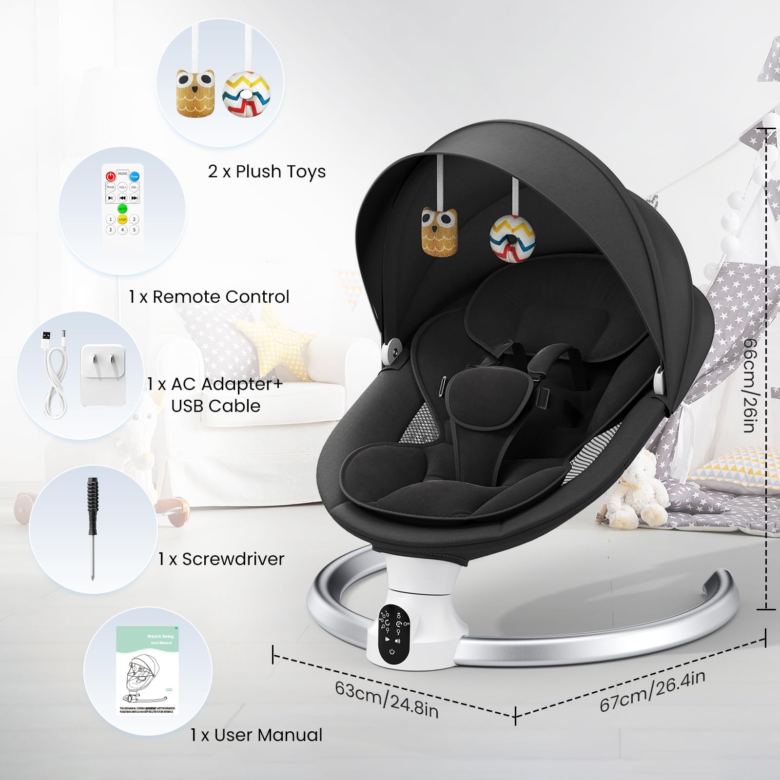 Black Ixdregan electric baby bouncer chair with remote control, Bluetooth, 5 swing speeds, 3 timer options, and soft padded seat