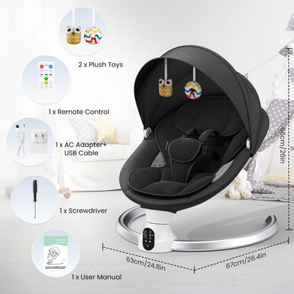 Black Ixdregan electric baby bouncer chair with remote control, Bluetooth, 5 swing speeds, 3 timer options, and soft padded seat