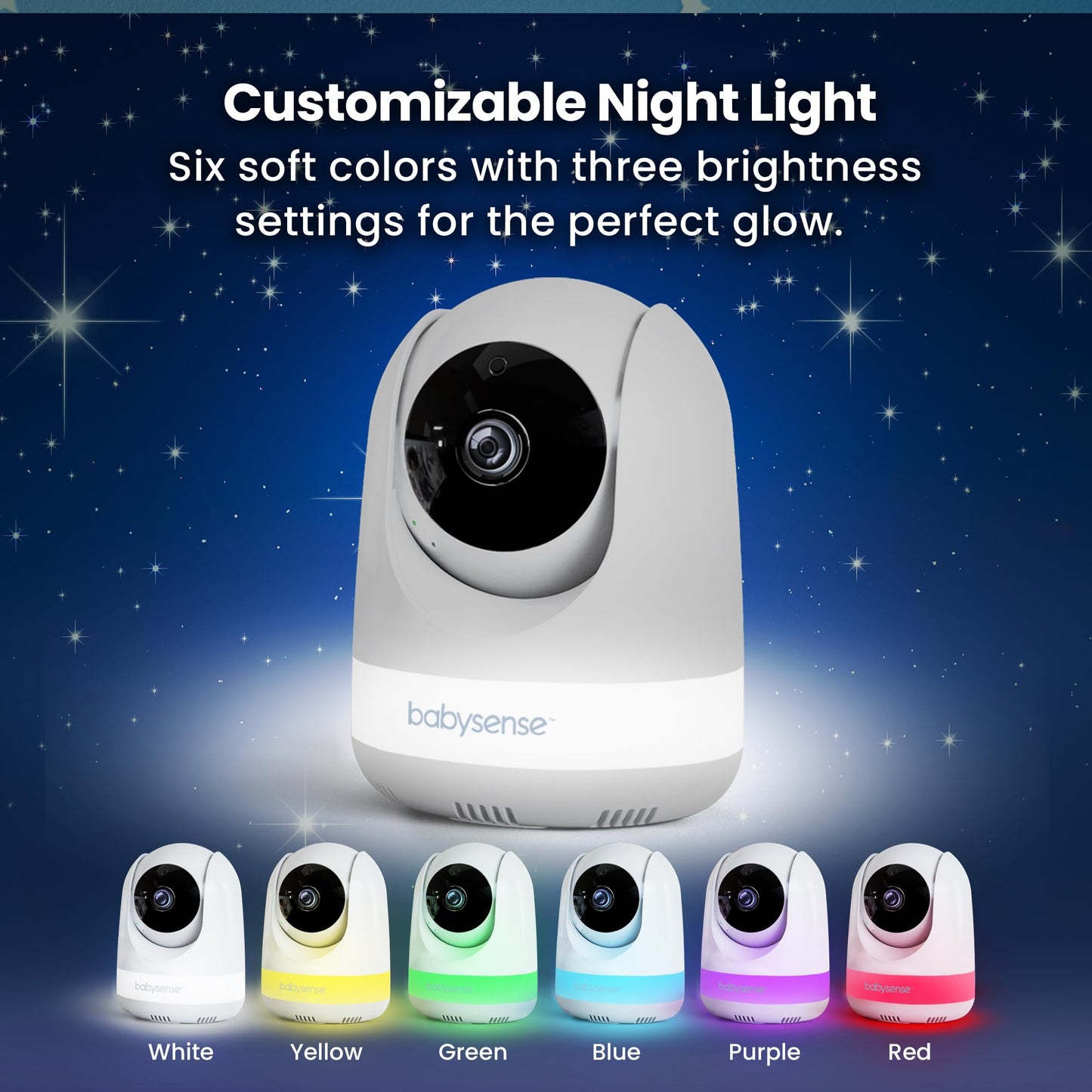 Babysense Full HD baby monitor with dual PTZ cameras, two-way talk, night light, long range, 4x zoom, and clear audio.