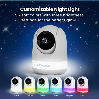 Babysense Full HD baby monitor with dual PTZ cameras, two-way talk, night light, long range, 4x zoom, and clear audio.