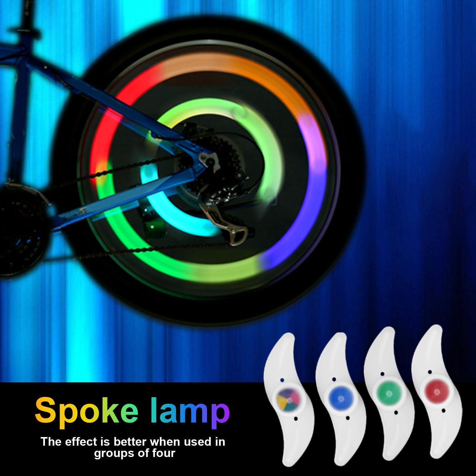 GEU 4-pack bike spoke lights with multicolour neon flash lamps, featuring 3 modes, for adult and kid bike wheel decoration at night.