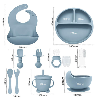 Indique Baby Weaning Set - 11 Pcs Silicone Baby Feeding Set with Suction Plate, Weaning Kit with Adjustable Bib, Fork, Spoon, Fruit Feeder & Toothbrush – Ideal Weaning Set Gift (Blue)
