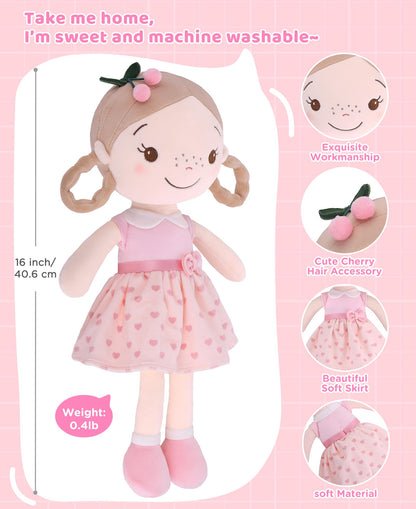 GAGAKU Soft Baby Doll Toys (16'') for Girls, My First Baby Rag Dolls for +3 Year Old Girl Birthday Gift Plush Doll Toys Machine Washable Baby Doll for Toddler Kids Infants (16-inch Cherry Girl)