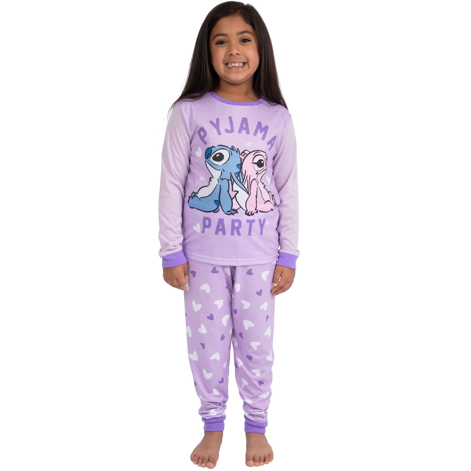 Disney Lilo and Stitch girls' purple matching pyjamas featuring Stitch and Angel, ideal for mum and daughter, size 6-7 years.