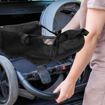 VICASKY baby stroller bottom basket in black attached beneath a pushchair for convenient storage and shopping.