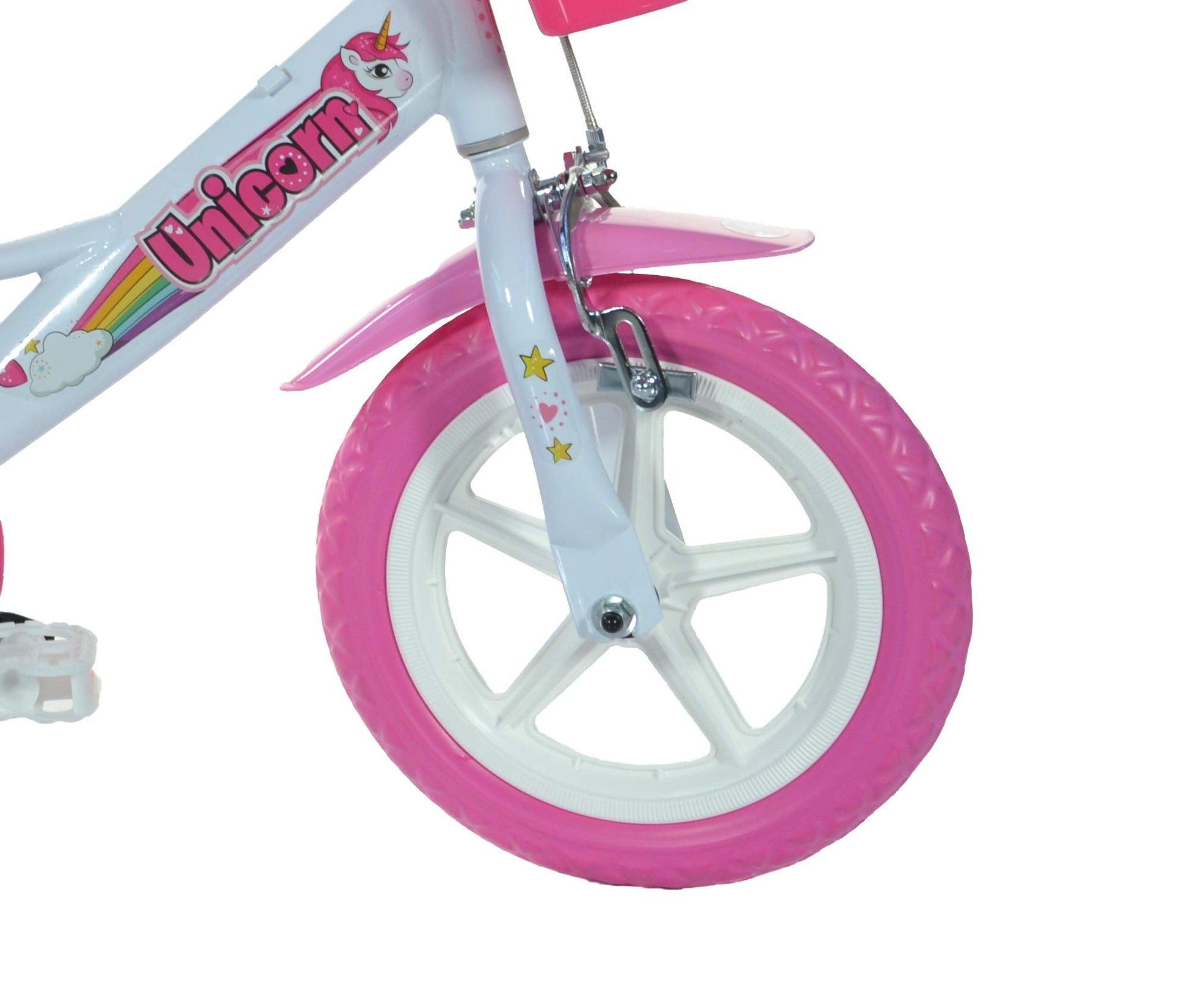 Dino Bikes 124RL-UN 12-inch unicorn-themed kids bicycle with white and pink frame, training wheels, and colorful details.