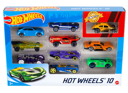 Assorted Hot Wheels die-cast toy cars and trucks in 1:64 scale, including race cars, police cars, and firetrucks.