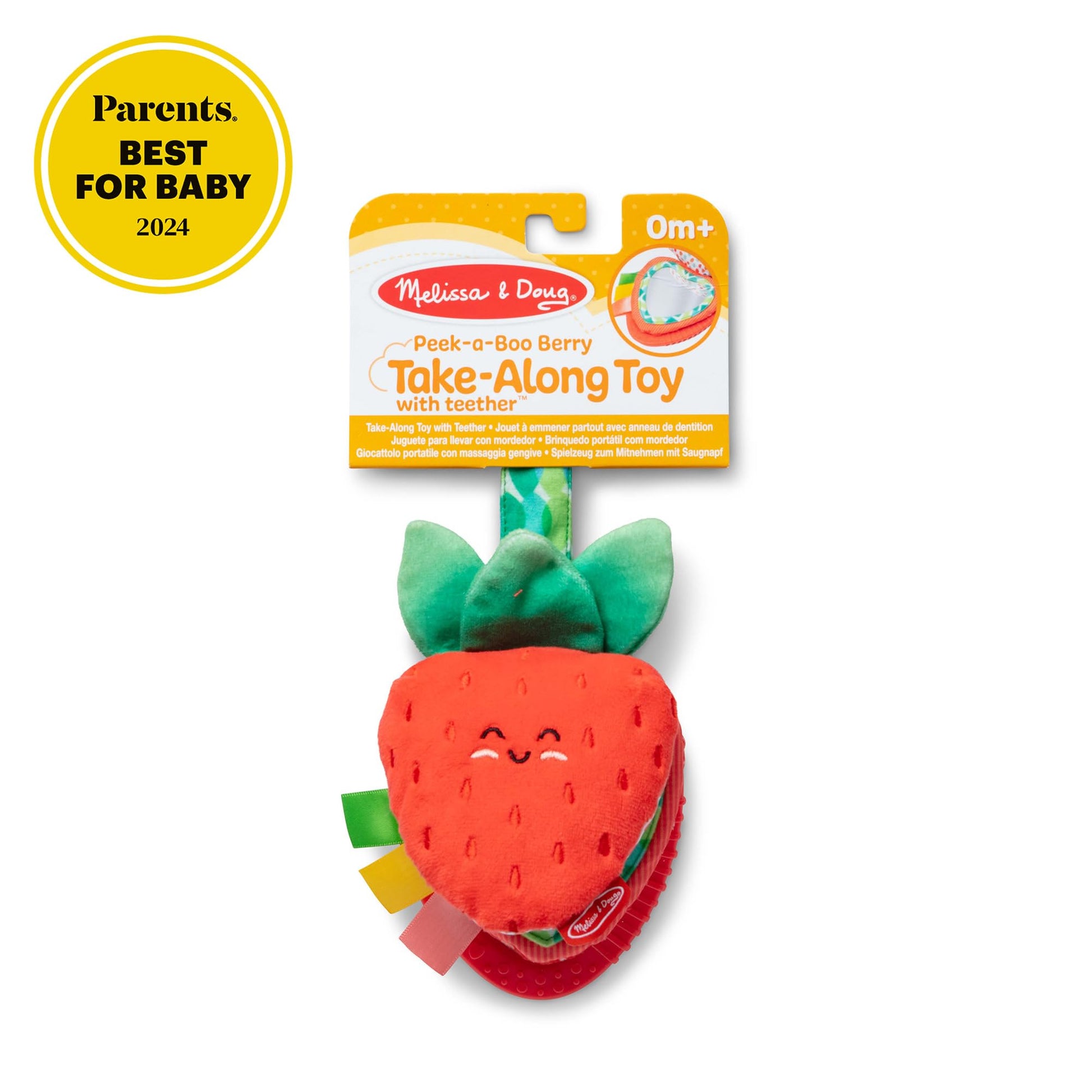 Melissa & Doug multi-sensory peek-a-boo berry infant travel toy with colorful clips and soft textures for babies up to 12 months.