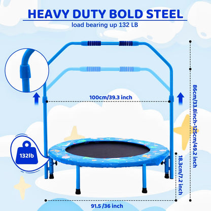 Forroby 36 Inch Kids Trampoline Height Adjustable with Handle,Steel Frame Foldable Toddler Sports Trampolines With Protective Cover,Mini Trampoline for Children Boys Girls Outdoor Indoor 3 Years+,Blue