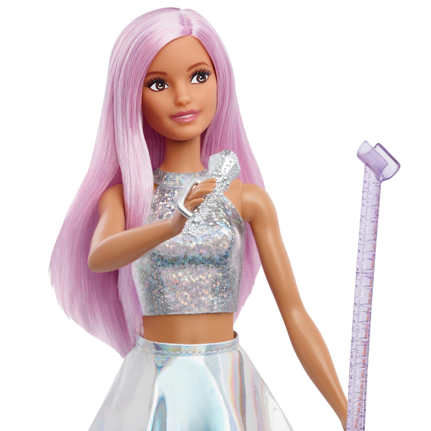 Barbie Pop Star Doll with pink hair, iridescent skirt, and microphone, perfect for imaginative play for ages 3 to 7.