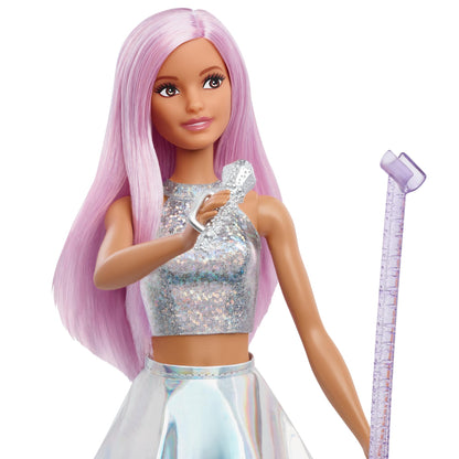 Barbie Pop Star Doll with pink hair, iridescent skirt, and microphone, perfect for imaginative play for ages 3 to 7.