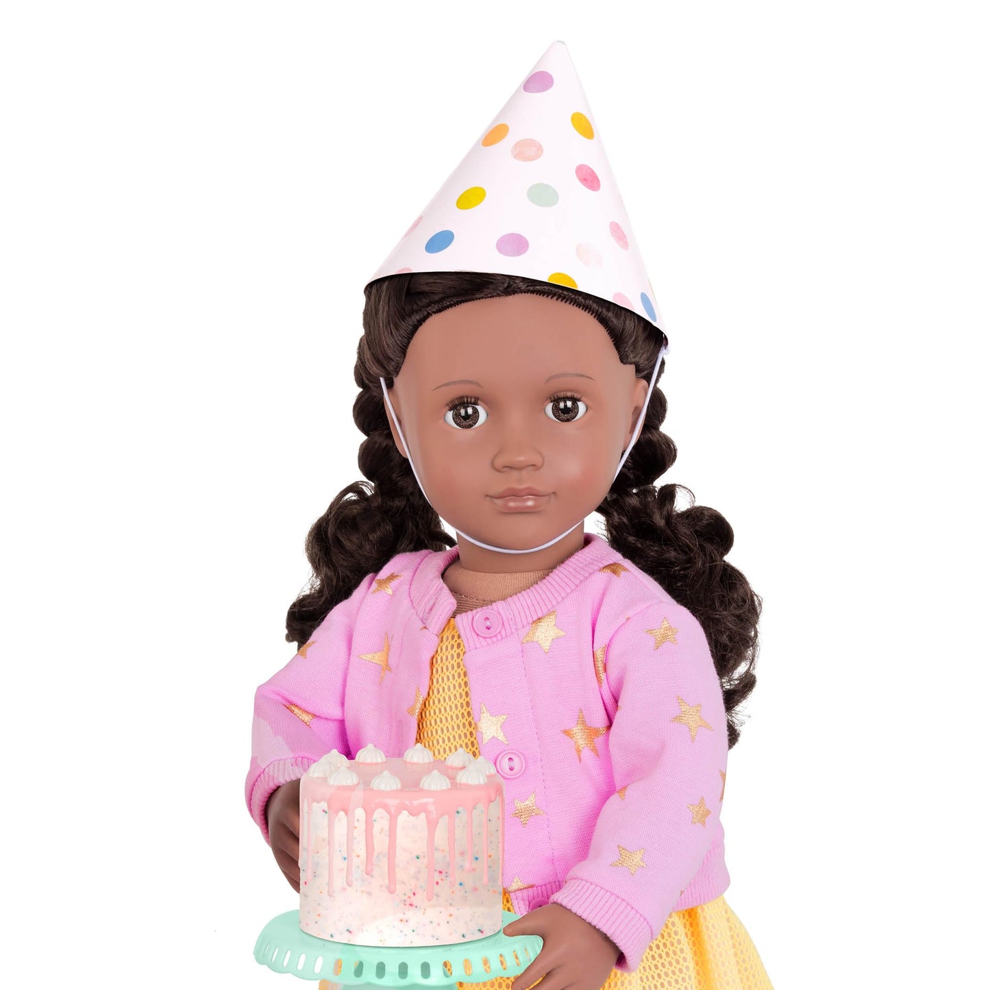 18-inch Our Generation doll set featuring a colorful birthday cake and balloons for imaginative pretend play.