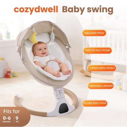 Cozydwells electric baby swing chair in beige with Bluetooth, remote control, 5 swing speeds, 3 recline positions, suitable for newborns