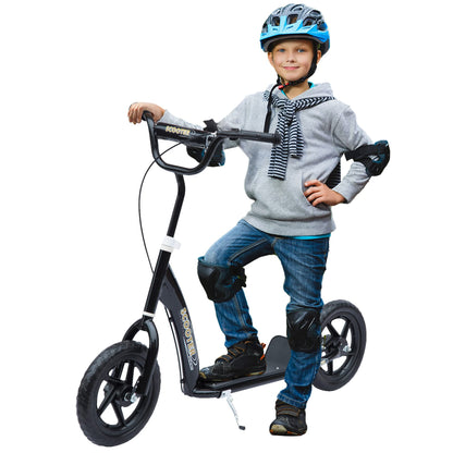 HOMCOM kids scooter in black with adjustable handlebar, 12" EVA tyres, and rear brake for ages 5-12 years.