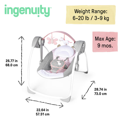 Ingenuity Comfort 2 Go Compact Portable 6-Speed Cushioned Baby Swing with Music, Folds Easy, 0-9 Months 6-20 lbs (Pink Flora the Unicorn)