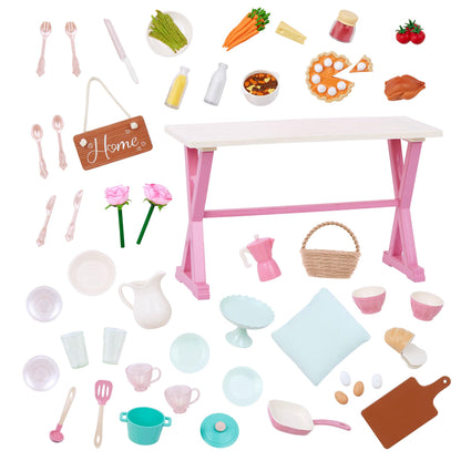 Our Generation 18-inch dollhouse playset with furniture, play food, and animal sounds for imaginative pretend play.