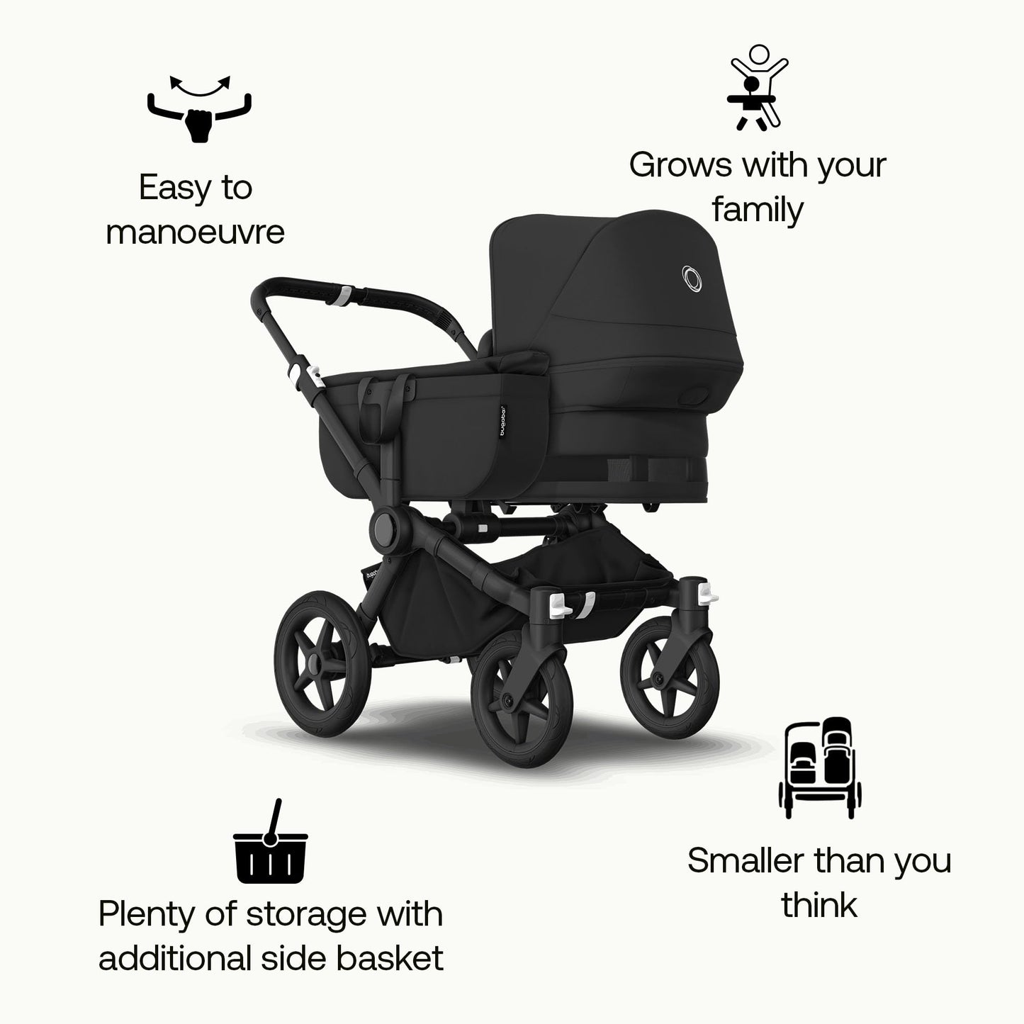 Bugaboo Donkey 5 Mono, Convertible Into Side by Side Double Stroller, Improved Design, Reversible Seat, One Hand Steering and Side Basket, Midnight Black
