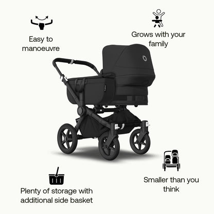 Bugaboo Donkey 5 Mono, Convertible Into Side by Side Double Stroller, Improved Design, Reversible Seat, One Hand Steering and Side Basket, Midnight Black