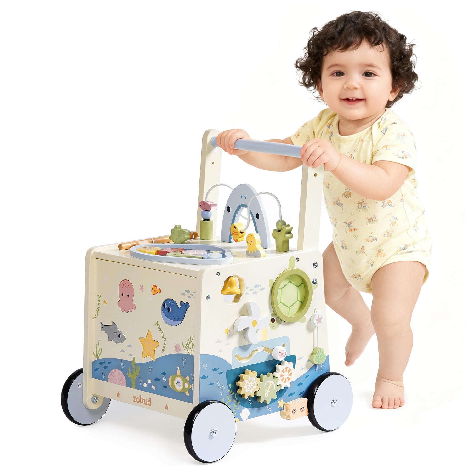 Robud wooden baby walker with adjustable height and speed, underwater-themed activity center and magnetic fishing rod for toddlers.