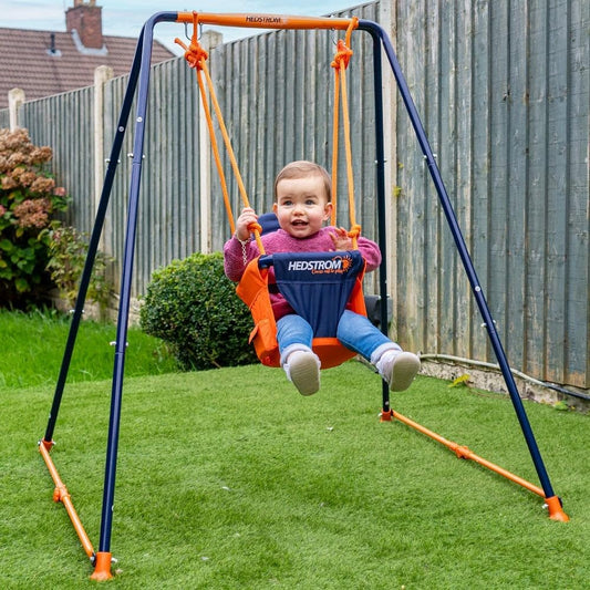 Hedstrom fast folding toddler swing for ages 6-36 months, outdoor garden play seat with adjustable toy chair and secure safety features.