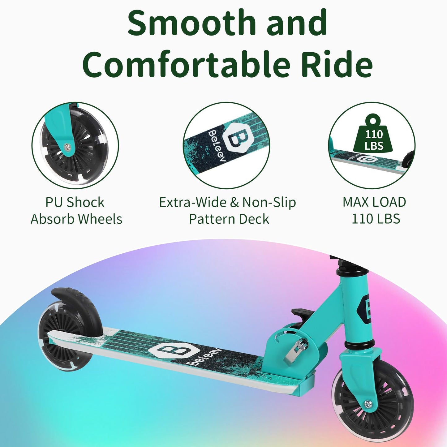 BELEEV kids' folding scooter with light-up wheels, adjustable height, non-slip deck, suitable for ages 3-12, for boys and girls.