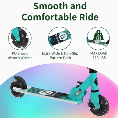 BELEEV kids' folding scooter with light-up wheels, adjustable height, non-slip deck, suitable for ages 3-12, for boys and girls.