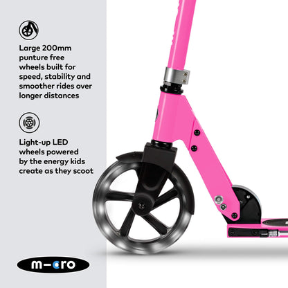 Pink Micro Cruiser LED children's scooter with adjustable handlebar, light-up wheels, and foldable design for ages 5-12.