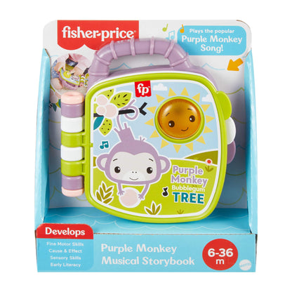 Fisher-Price Baby Toy Purple Monkey Musical Storybook with lights and sounds, designed for infants and toddlers ages 6 months and up.