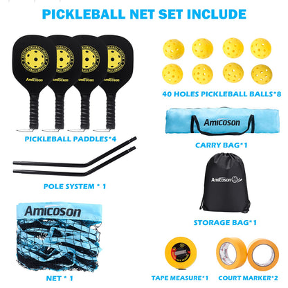 Amicoson pickleball set with 22ft black net, 4 wooden paddles, 8 pickleballs, carrying bag, court tape, and measuring tape.