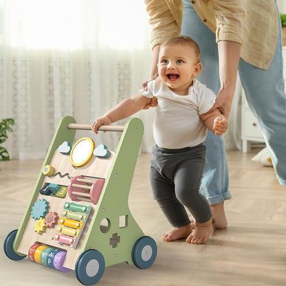 Bautia wooden baby walker for 1-2 year old toddlers, colorful 10-in-1 activity center with shapes, mirror, and learning phrases.