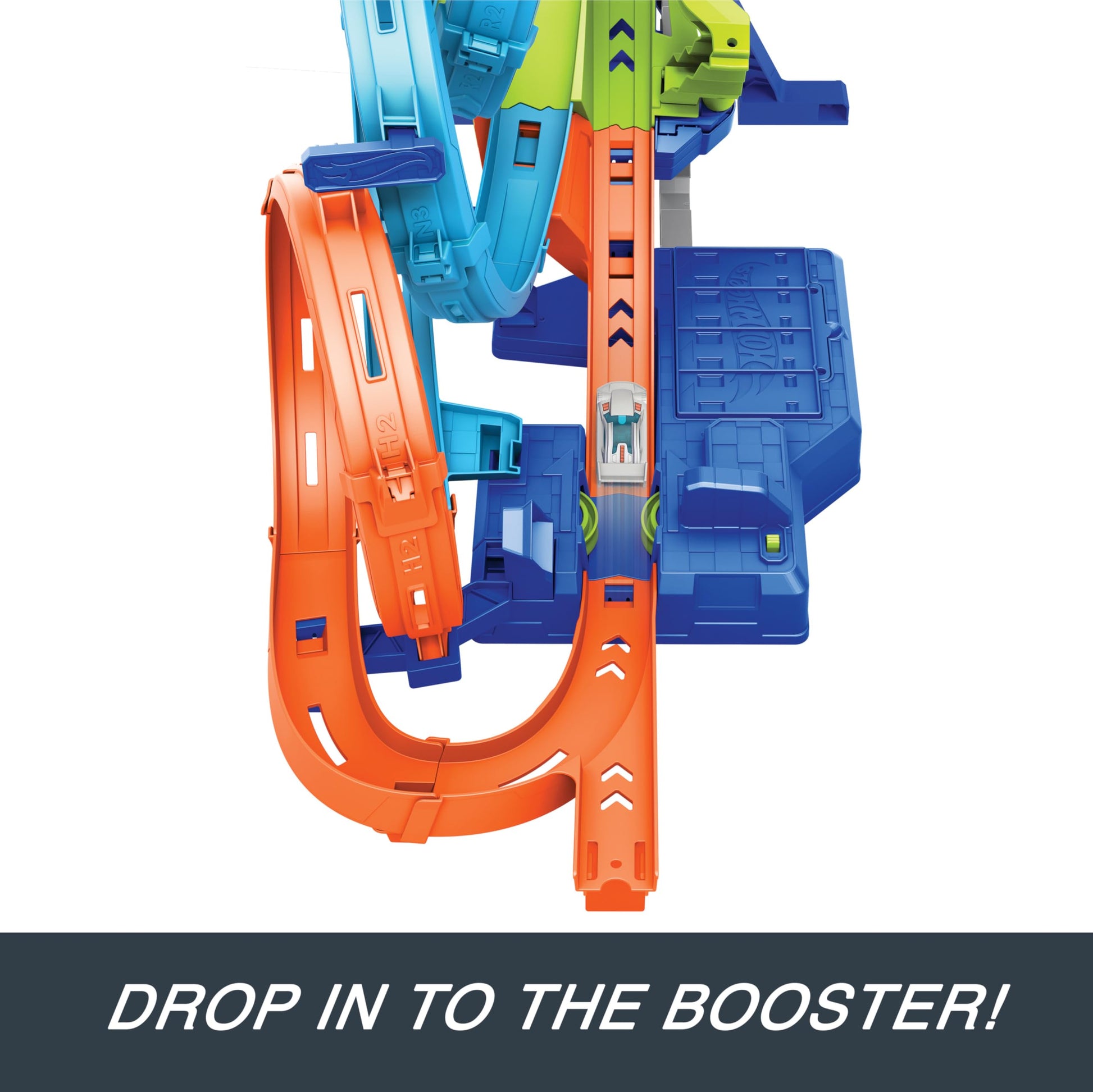 Hot Wheels track set featuring 4 loops, 3-way crash zone, motorized booster, and includes 1:64 scale toy car.