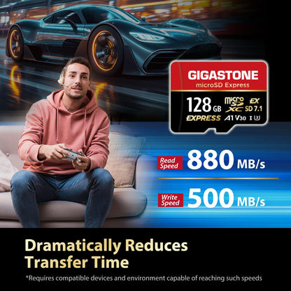 Gigastone 128GB microSDXC Express card with SD adapter, compatible with Nintendo Switch 2, featuring up to 880MB/s read speed.