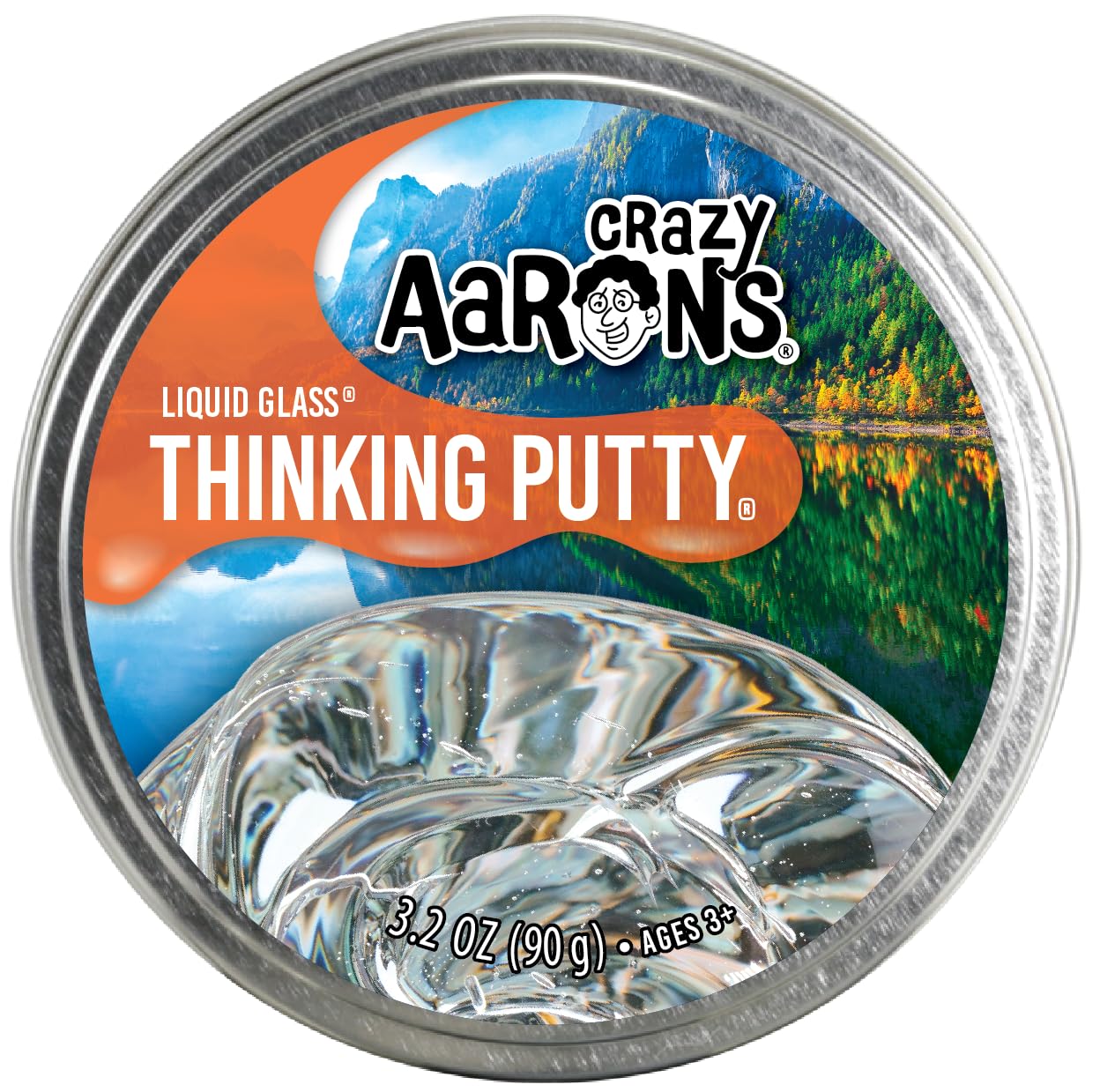 Crazy Aaron's Thinking Putty Liquid Glass in a 4-inch tin, see-through stress relief therapy toy for kids and adults.