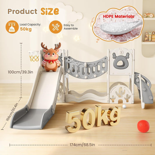 7 in 1Toddler Slide, Non-toxic HDPE material Christmas Elk Theme large slide with basketball hoop climbing frame for the garden telescope storage space educational toys For Toddlers Age 1-3 Year