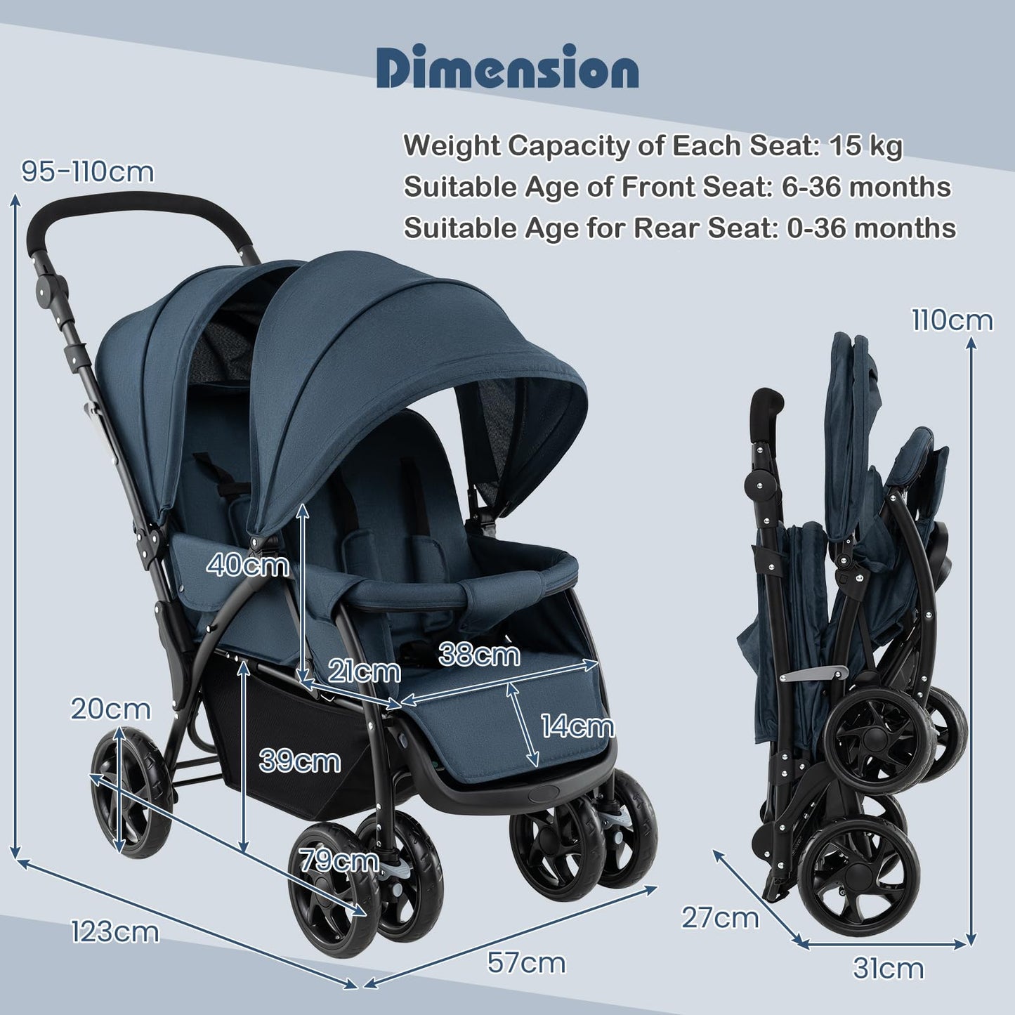 Foldable Twin Stroller, Double Baby Pushchair w/Multi-Level Backrest, Canopy, Handle & Footrest, Safety Belt & Brake System, Travel Tandem Seating Stroller w/Lockable Wheels (Dark Blue)