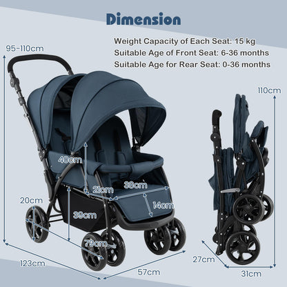 Foldable Twin Stroller, Double Baby Pushchair w/Multi-Level Backrest, Canopy, Handle & Footrest, Safety Belt & Brake System, Travel Tandem Seating Stroller w/Lockable Wheels (Dark Blue)