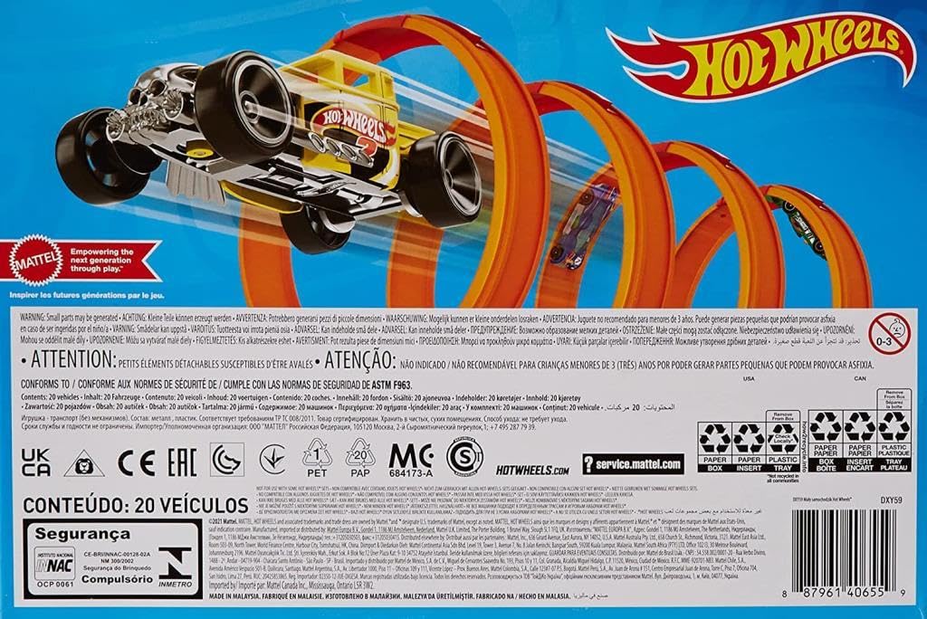Hot Wheels set of 20 assorted 1:64 scale cars and trucks, featuring race, sport, and rescue vehicle styles.