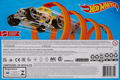Hot Wheels set of 20 assorted 1:64 scale cars and trucks, featuring race, sport, and rescue vehicle styles.