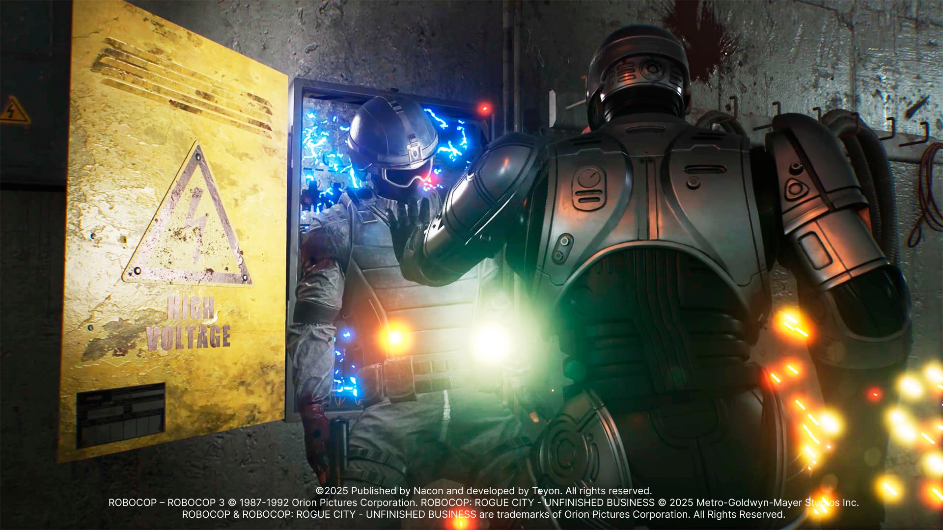 RoboCop: Rogue City - Unfinished Business PS5 game case with cover art featuring RoboCop in futuristic city scene, published by Nacon.